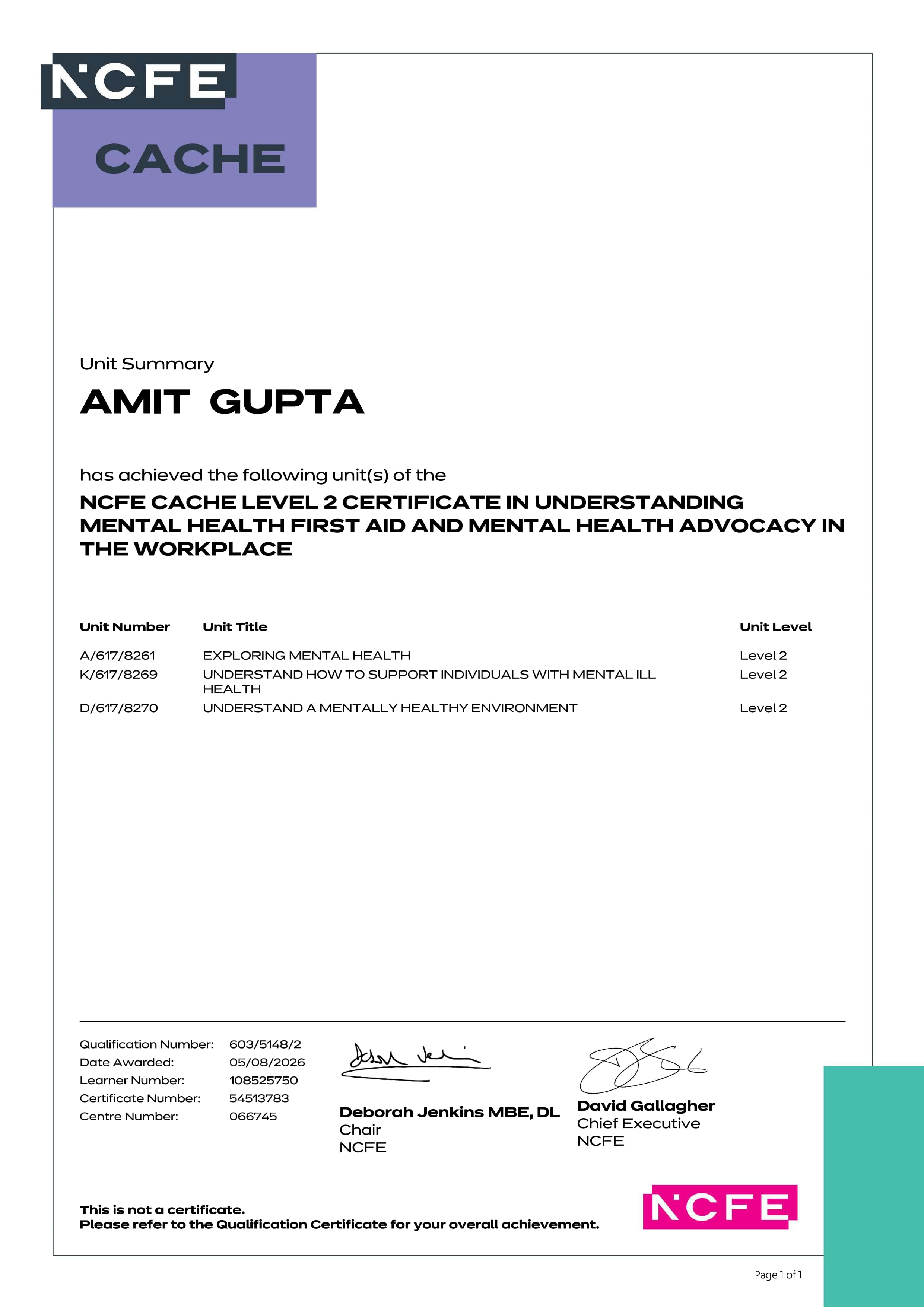 NCFE CACHE Level 2 — Mental Health First Aid — Certificate awarded to Amit Gupta
